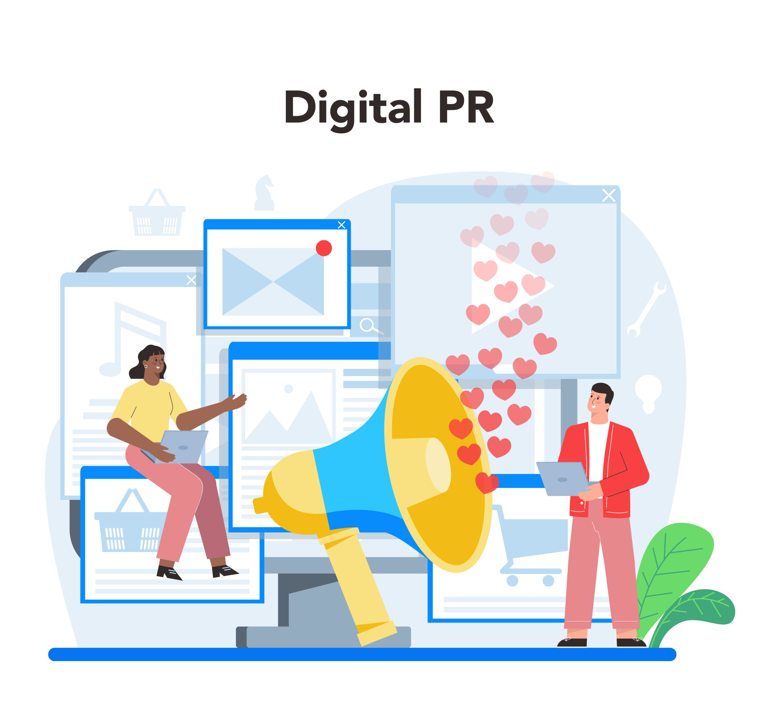 Public relations concept. Idea of making announcements through mass media to advertise business. Strategy development and customer feedback. Flat vector illustration